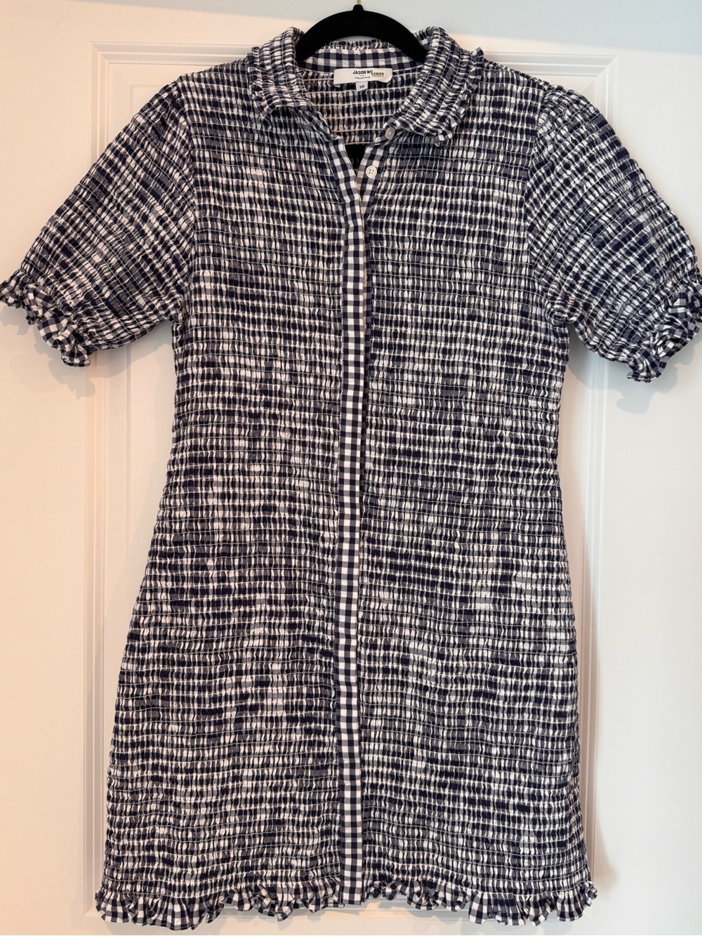 Jason Wu Collective Smocked Gingham Mini Dress Navy White Stretchy LIKE NEW!